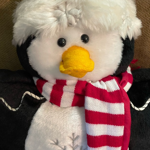 Penguin Holiday Pillow, Penguin with Scarf and Santa Hat, Snowflake embroidery - Picture 6 of 6